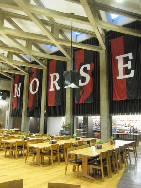 The Morse College dining hall with Morse spelt out using big banners
